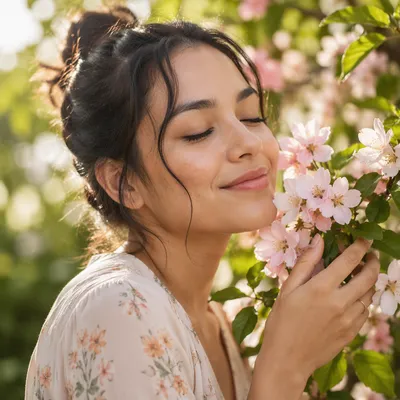 Young Woman Smelling Pink Spring Blossoms