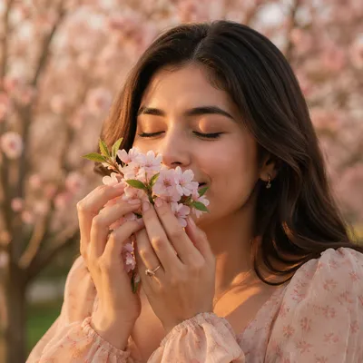 Young Woman Smelling Spring Blossoms Close Up