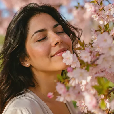 Woman Smelling Cherry Blossoms in Morning Light