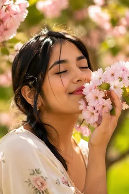 Young Woman Smelling Pink Spring Blossoms