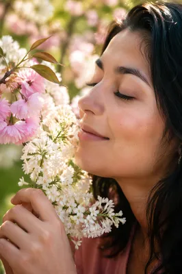 Young Woman Smelling Spring Blossoms Close Up