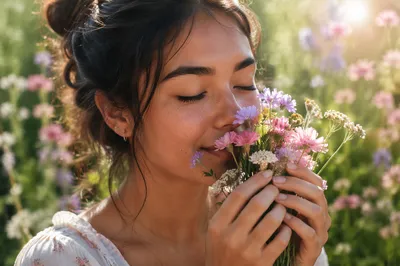 Young Woman Smelling Spring Wildflowers Close Up