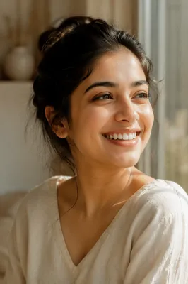 Radiant Smiling Woman by Window Light