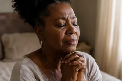 Tearful Woman Praying in Soft Dawn Light