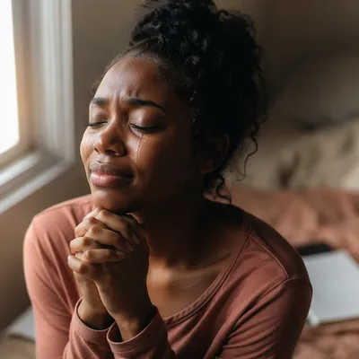 Emotional Young Woman by Bedroom Window
