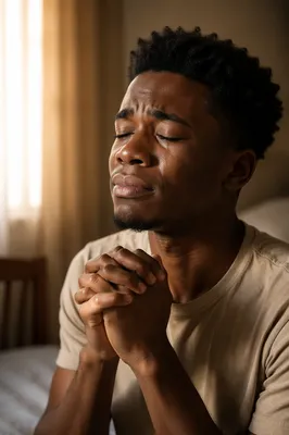 Emotional Young Man Praying by Window