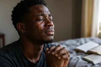 Emotional Young Man Praying by Window