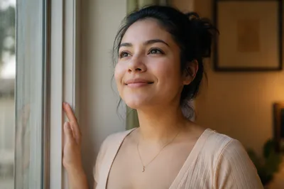 Hopeful Young Woman by Apartment Window