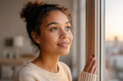 Hopeful Young Woman by Window at Dawn
