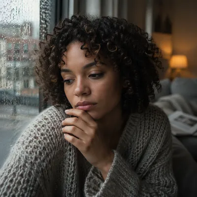 Thoughtful Young Adult by Rainy Window