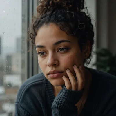 Thoughtful Young Adult by Rainy Window