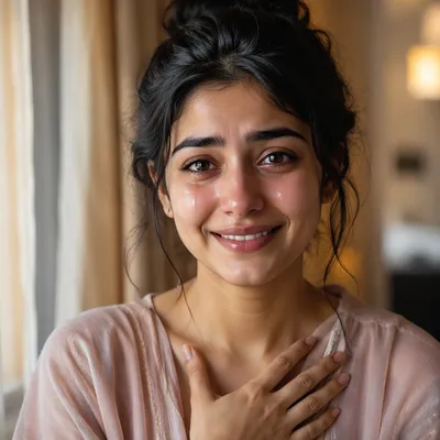 Young Woman Smiling Through Happy Tears