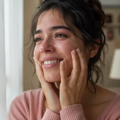 Young Woman Smiling Through Happy Tears