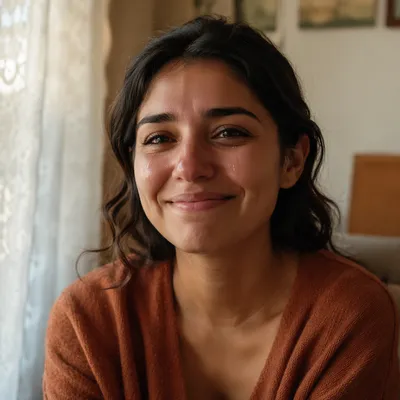 Young Woman Smiling Through Joyful Tears
