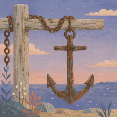 Rustic Anchor Cross at Twilight Sea