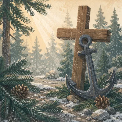 Anchor and Cross Among Evergreen Frost