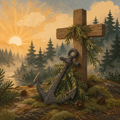 Anchor and Cross in Evergreen Morning