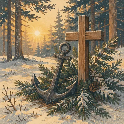 Weathered Anchor and Cross in Evergreen Snow