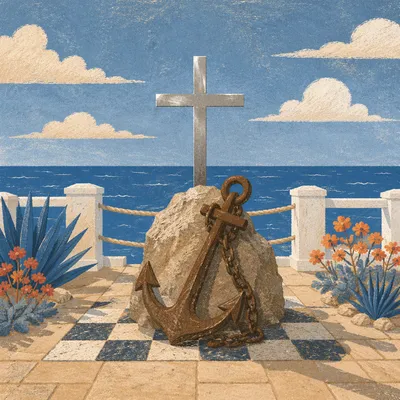 Anchor and Cross by Calm Ocean