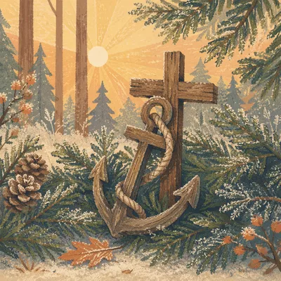 Wooden Anchor Cross Among Evergreen Frost