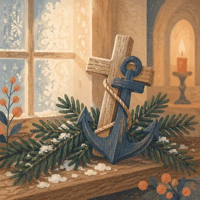 Weathered Anchor Cross with Evergreen Hope