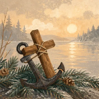 Wooden Cross and Anchor of Winter Hope