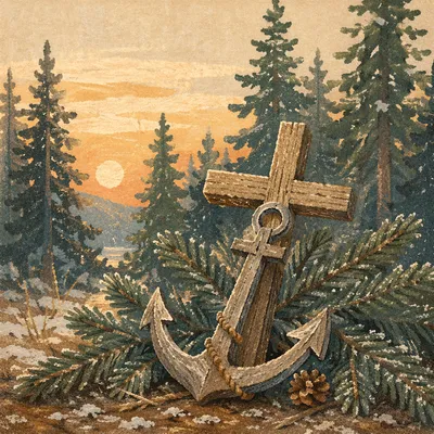 Wooden Anchor Cross Among Evergreen Boughs