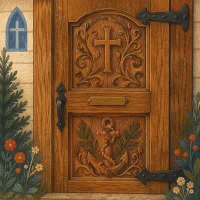 Carved Chapel Door with Anchor and Cross