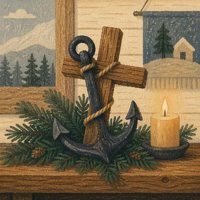 Anchor and Cross on Evergreen Boughs