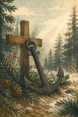 Anchor and Cross Among Frosted Evergreens