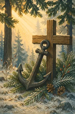 Anchor and Cross Among Evergreen Frost
