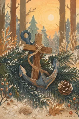 Wooden Anchor Cross Among Evergreen Frost