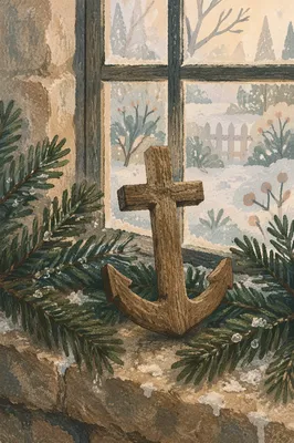 Wooden Anchor Cross Among Evergreen Branches