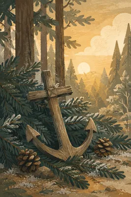 Handmade Anchor Cross Among Evergreens