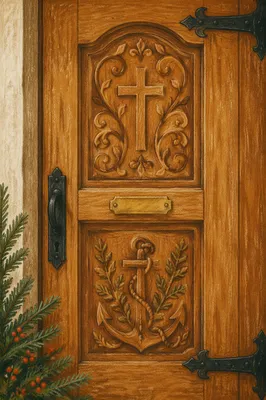 Carved Chapel Door with Anchor and Cross
