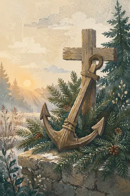 Weathered Anchor and Cross Among Evergreens