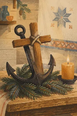 Anchor and Cross on Evergreen Boughs