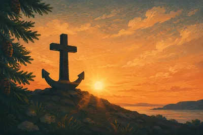 Anchor Cross Hope at Evergreen Sunset