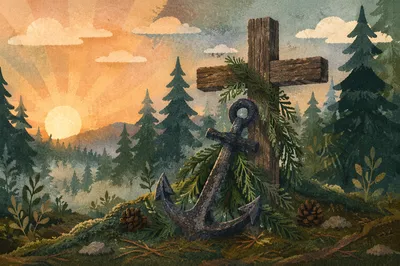 Anchor and Cross in Evergreen Morning