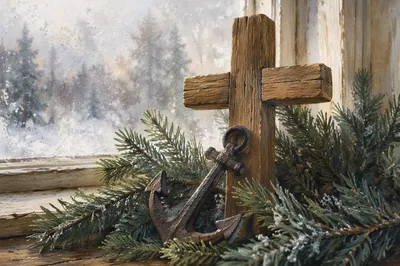 Evergreen Anchor and Cross of Winter Hope