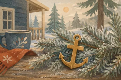 Brass Anchor Cross in Frosted Evergreens