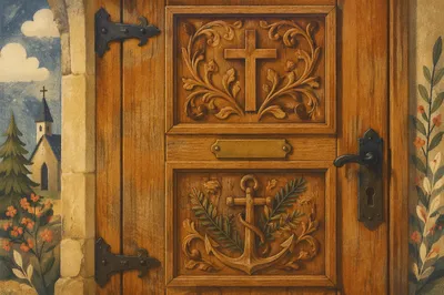 Carved Chapel Door with Anchor Cross Hope