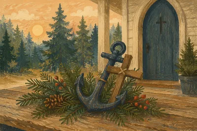 Anchor Cross Hope Among Evergreen Branches