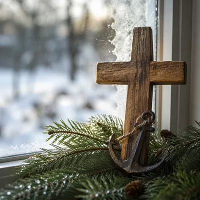 Wooden Cross and Anchor in Evergreen Hope