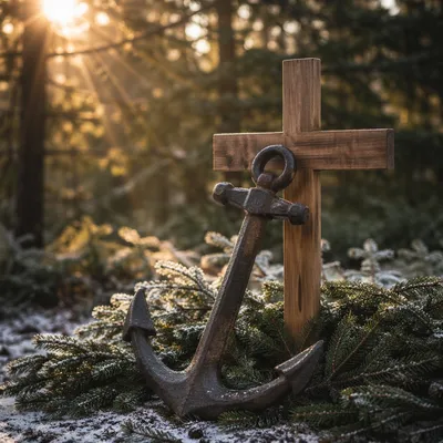 Weathered Anchor and Cross in Evergreen Frost