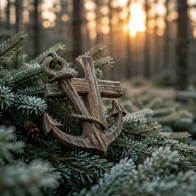 Wooden Anchor Cross Among Evergreen Boughs