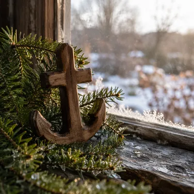Wooden Anchor Cross Among Evergreen Branches