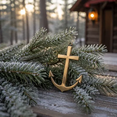 Brass Anchor Cross in Frosted Evergreens