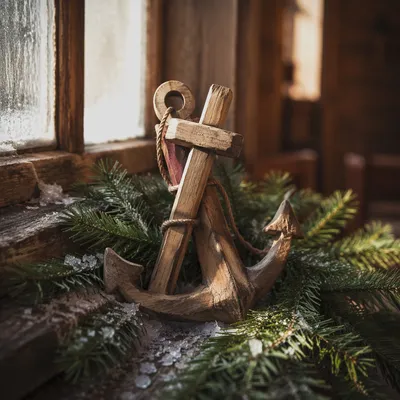 Weathered Anchor Cross with Evergreen Hope