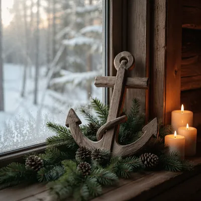 Weathered Anchor Cross on Evergreen Windowsill